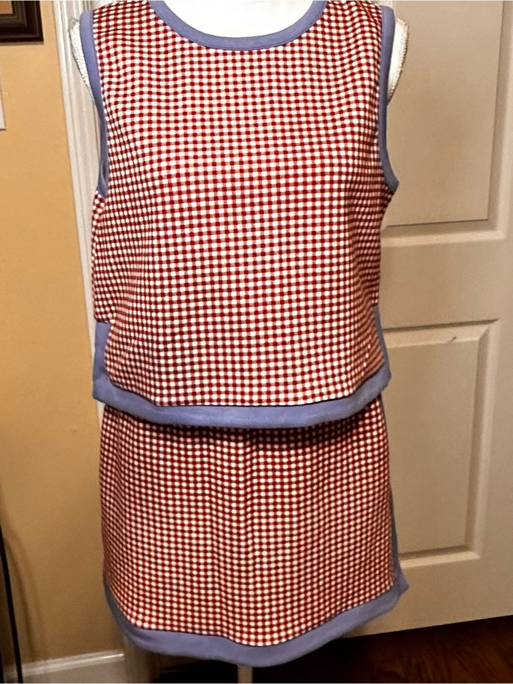 Girls Red Gingham Sleeveless skort and top with Blue Trim